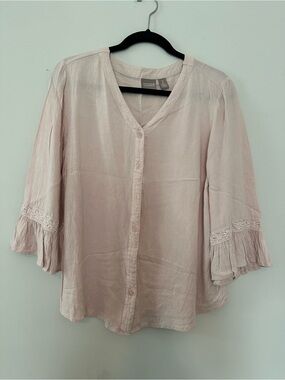 Chico's Soft Pale Pink V-Neck Button Blouse with Lace Ruffle Sleeves